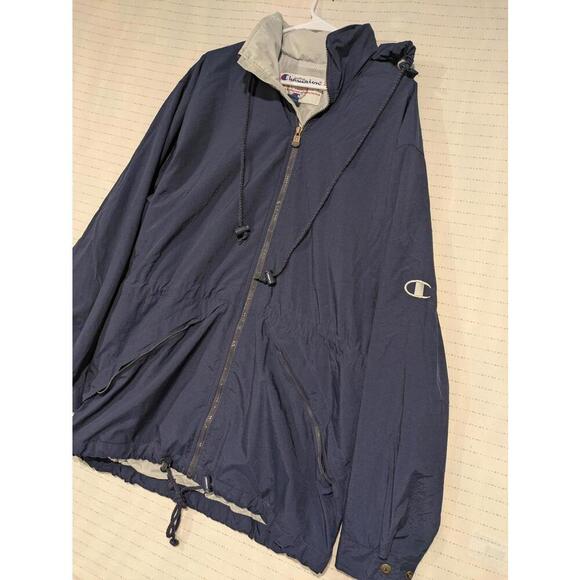 Champion Navy Blue Lightweight Windbreaker Jacket Nylon Mens Medium Rolled Hood - Picture 2 of 12